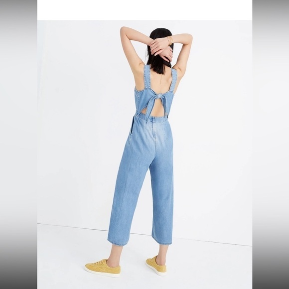 Madewell Denim Apron Bow-Back Jumpsuit natural fiber cotton size 6 - Picture 2 of 14